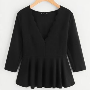 Scallop Plunging Zipper Side Peplum Blouse